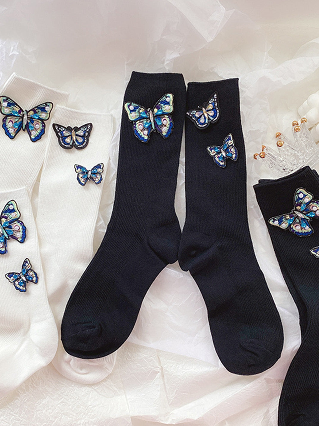 Embroidered Butterfly Pearl Socks