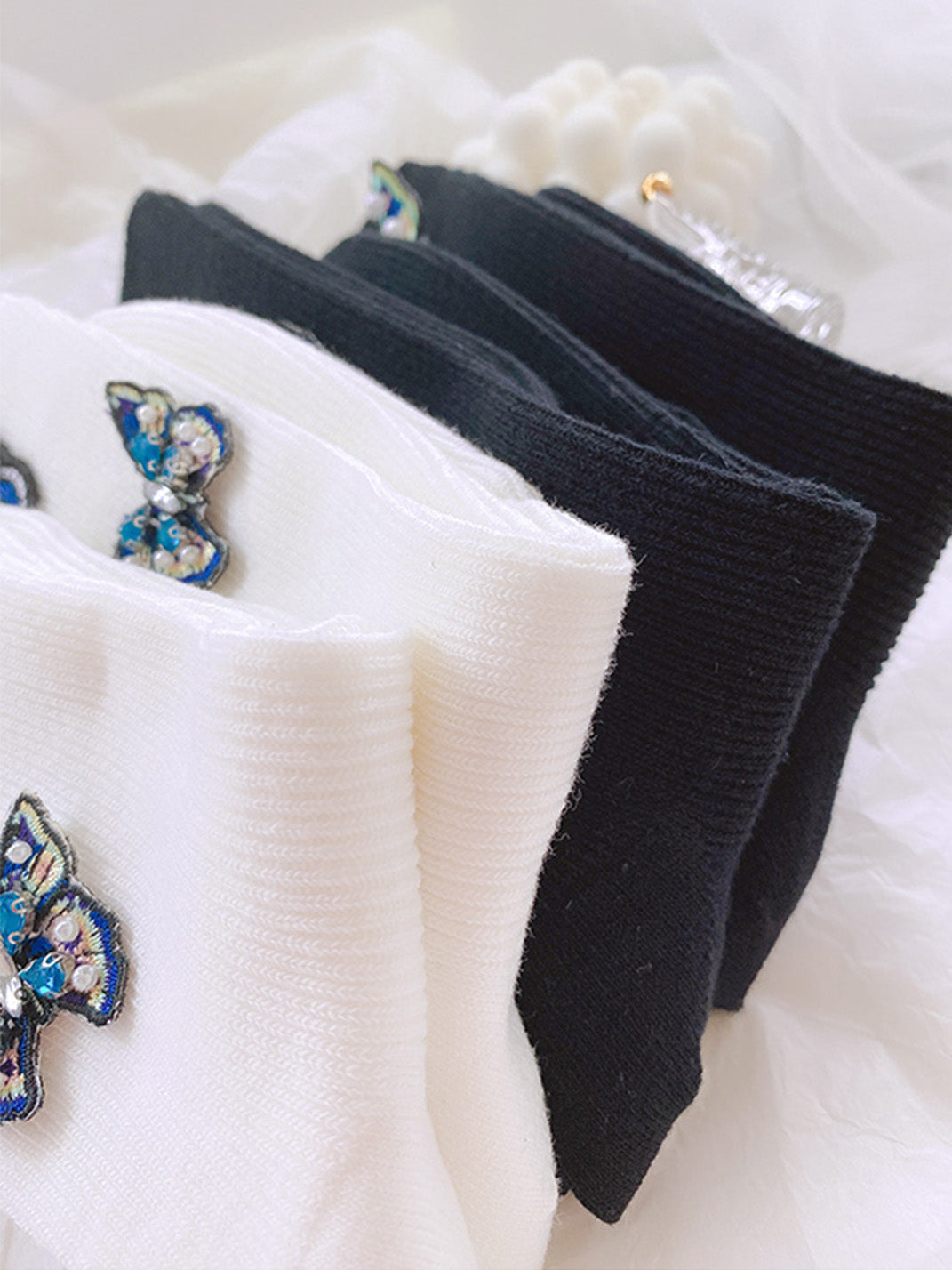 Embroidered Butterfly Pearl Socks