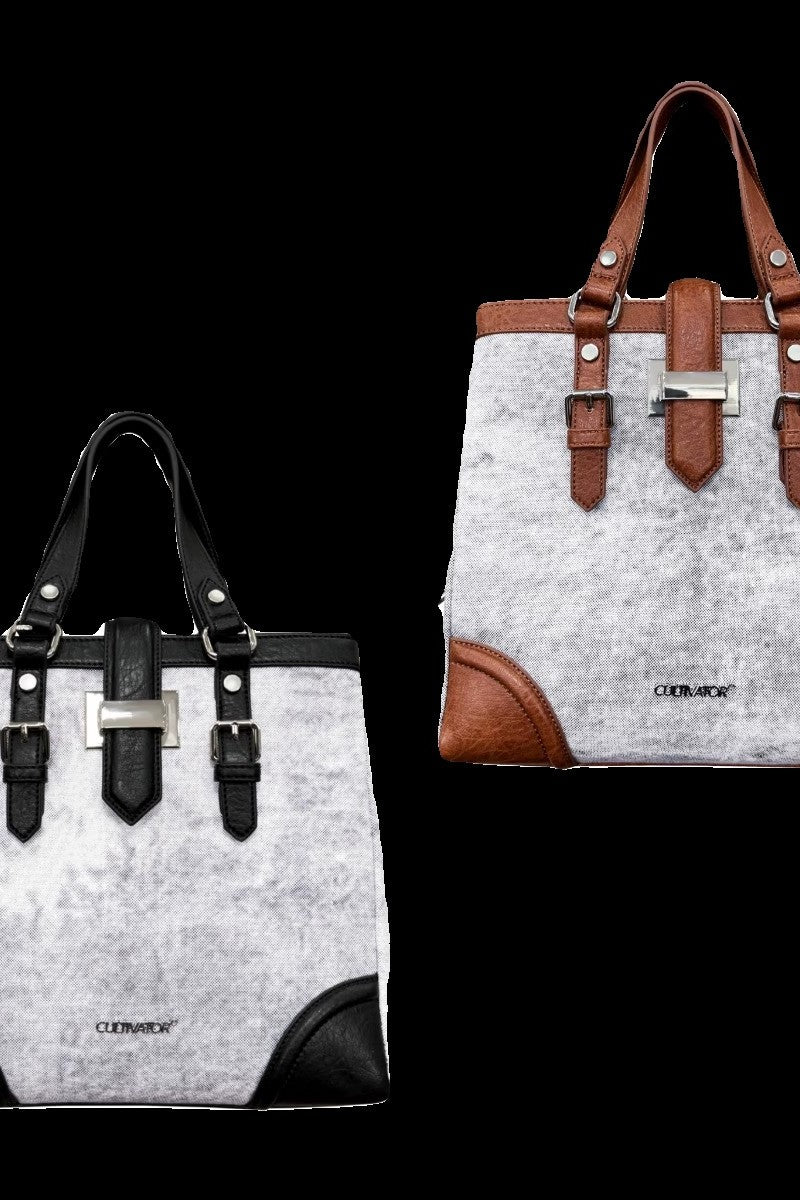 Vintage Canvas Tote - Distressed Pattern Shoulder Bag with Leather Trim