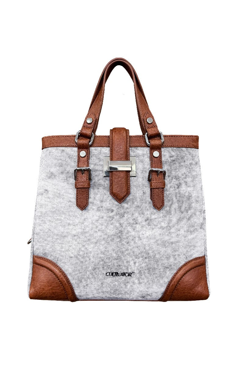 Vintage Canvas Tote - Distressed Pattern Shoulder Bag with Leather Trim