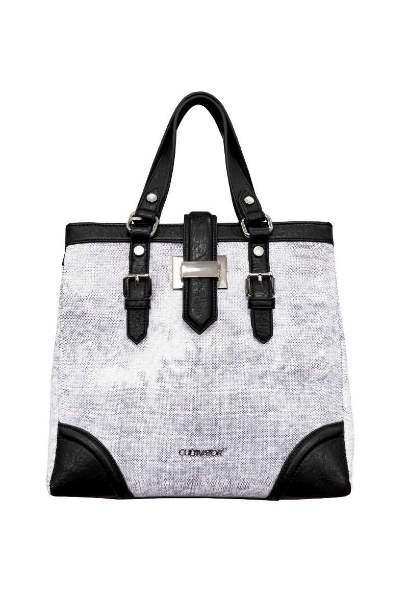 Vintage Canvas Tote - Distressed Pattern Shoulder Bag with Leather Trim