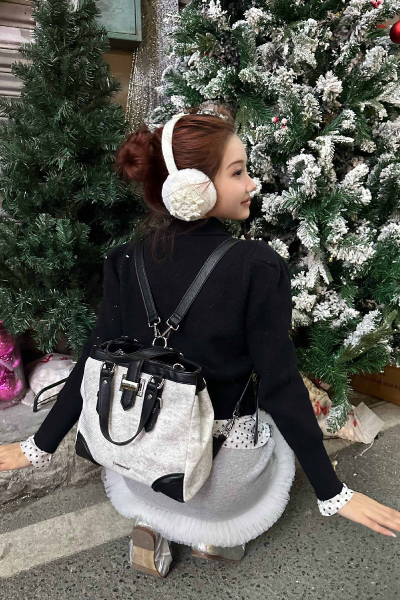 Vintage Canvas Tote - Distressed Pattern Shoulder Bag with Leather Trim