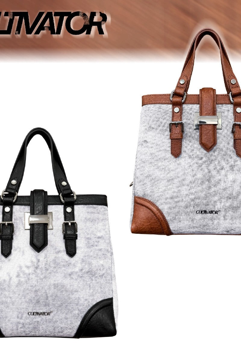 Vintage Canvas Tote - Distressed Pattern Shoulder Bag with Leather Trim