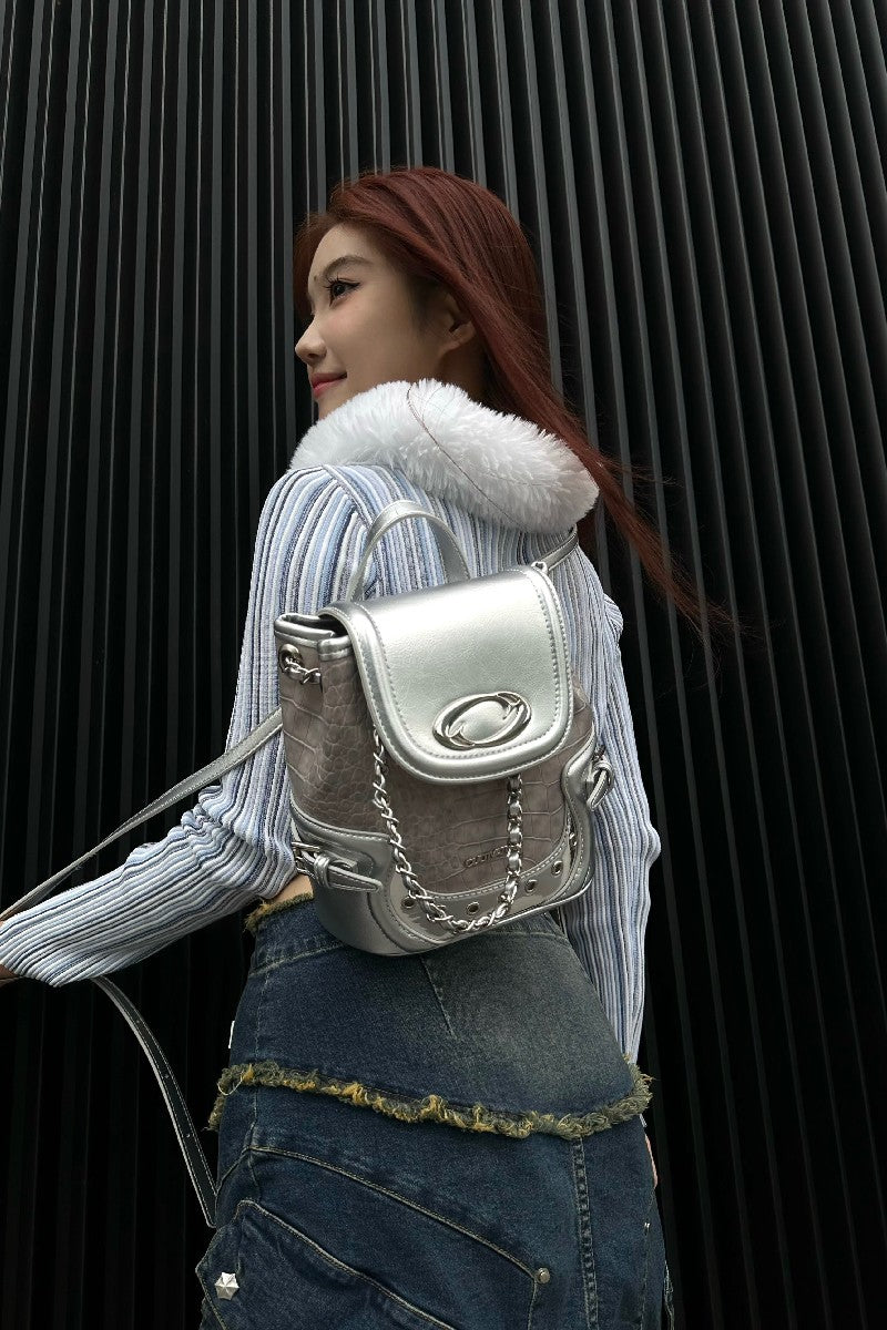 Silver and Pink Croc-Embossed Mini Backpack