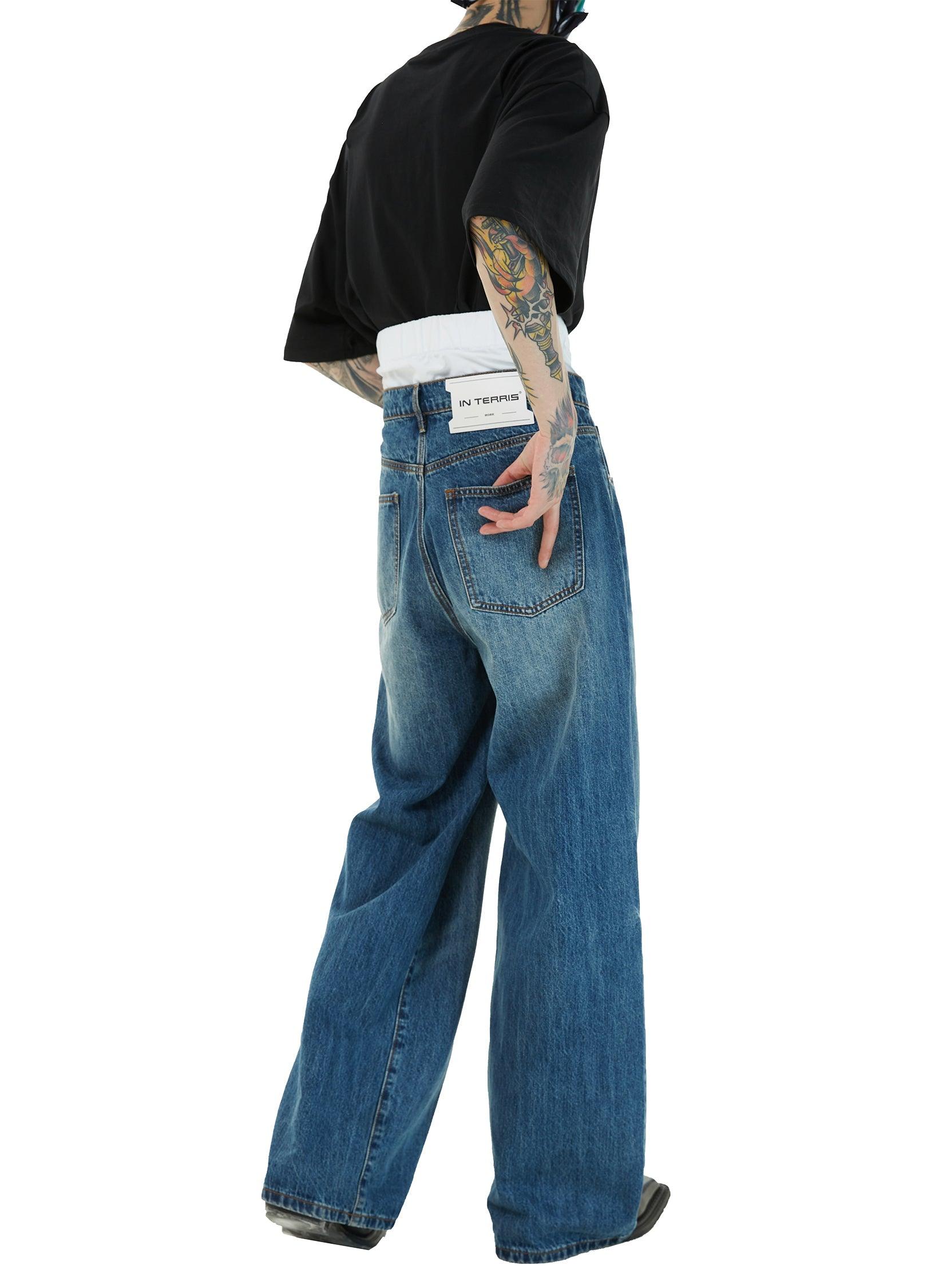 Dual Waistband Baggy Denim Jeans - chiclara