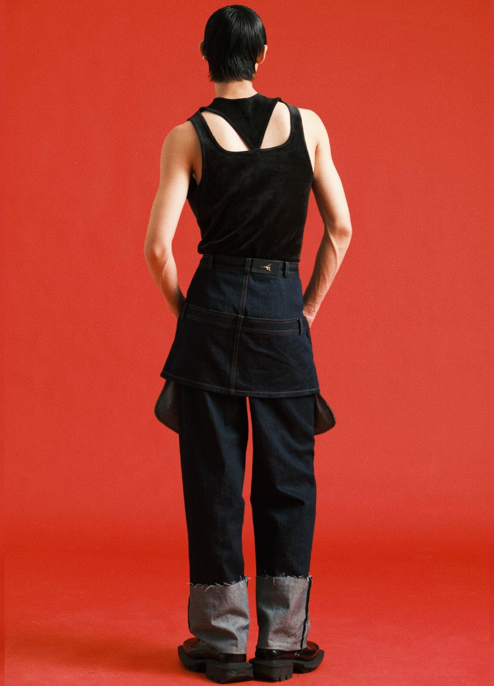 Dual-Waist Navy Denim Pants - chiclara