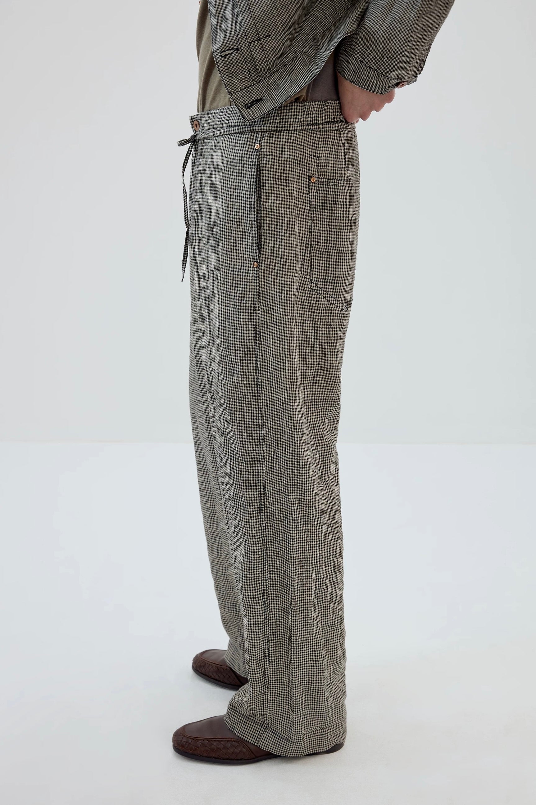 Plaid Linen Drawstring Trousers