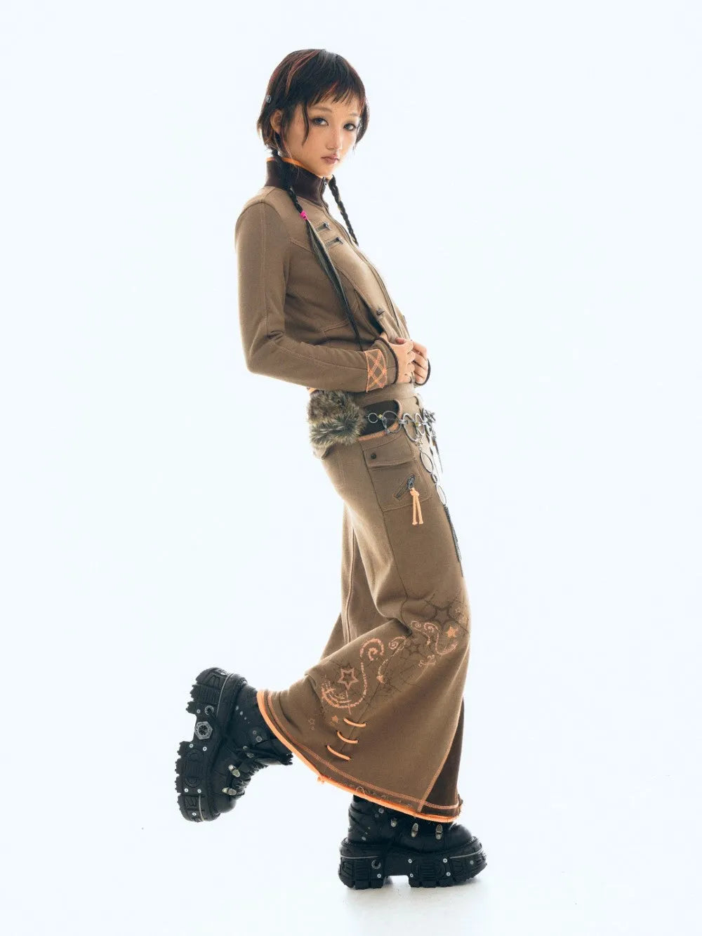Embroidered Chain Cargo Maxi Skirt