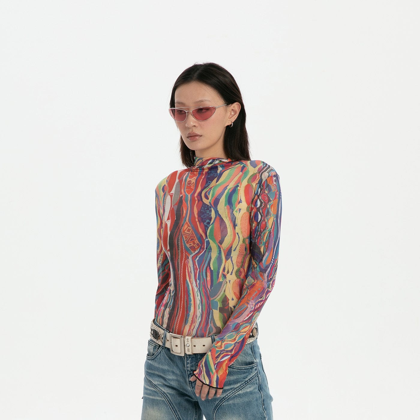 Psychedelic Abstract Print Mesh Top