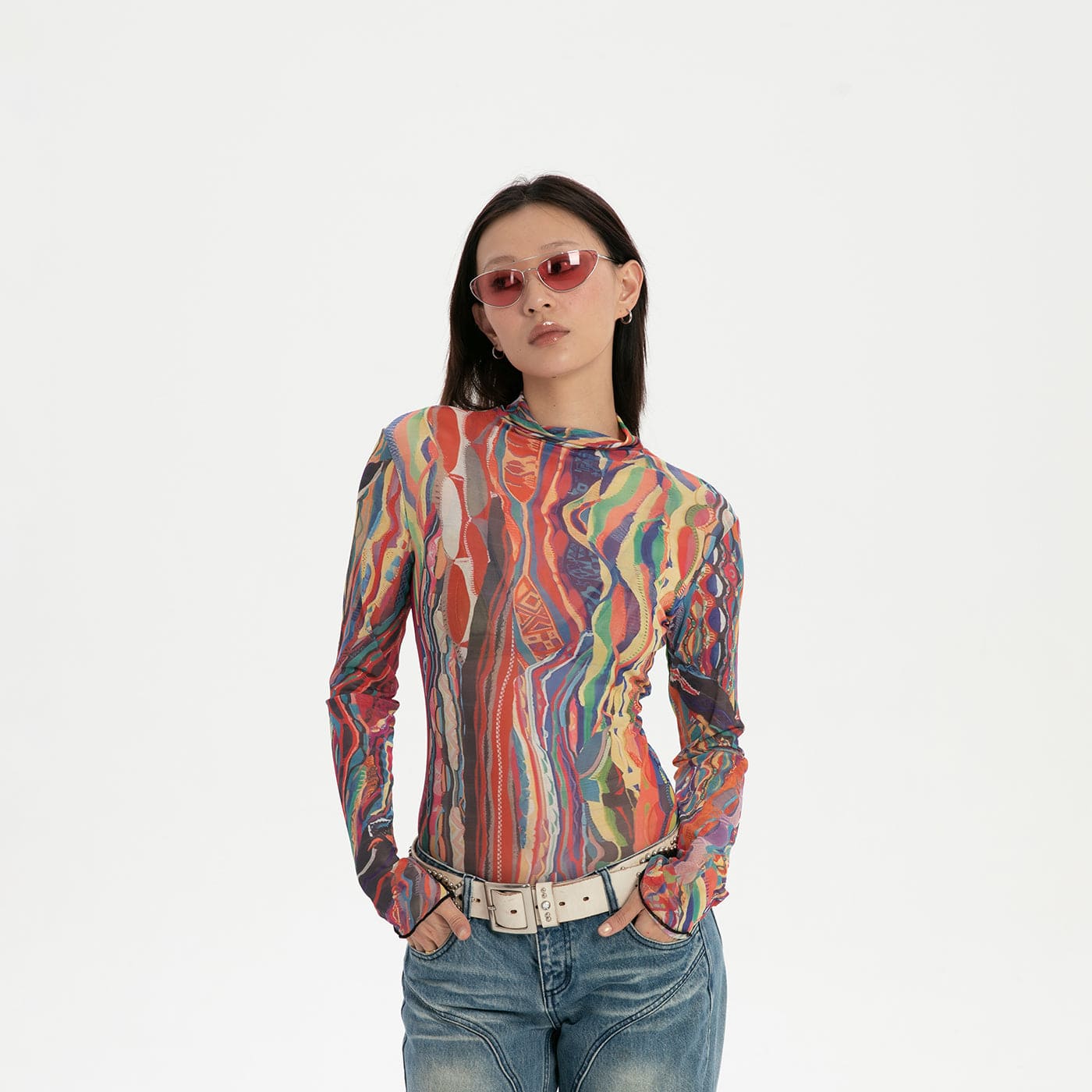 Psychedelic Abstract Print Mesh Top