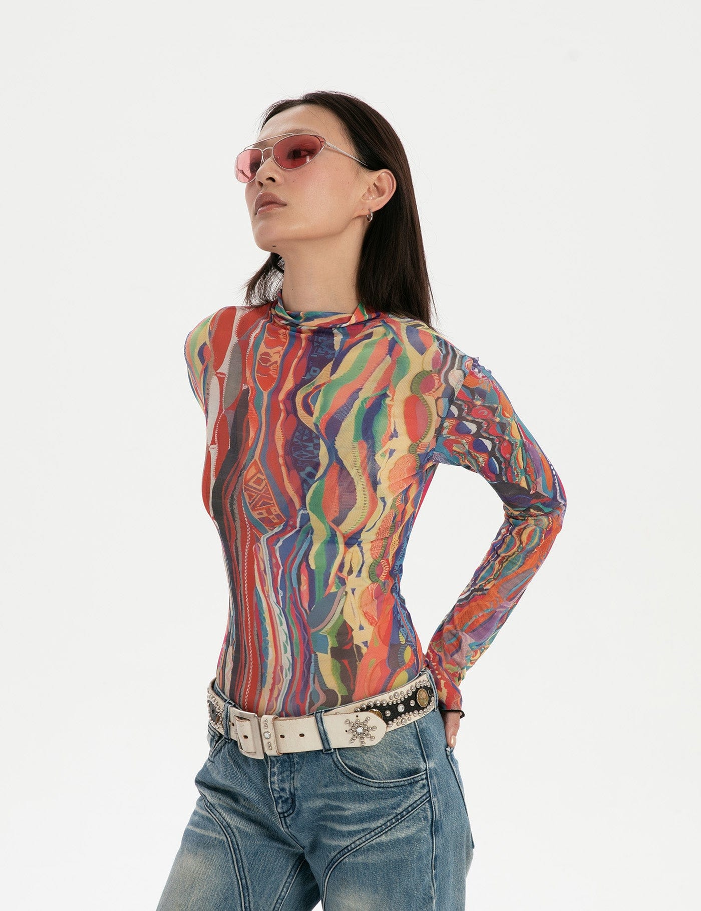 Psychedelic Abstract Print Mesh Top