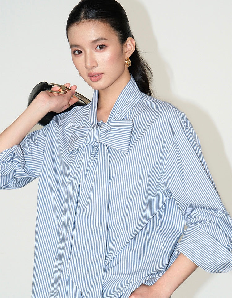 Striped Bow Oversized Cotton Blouse