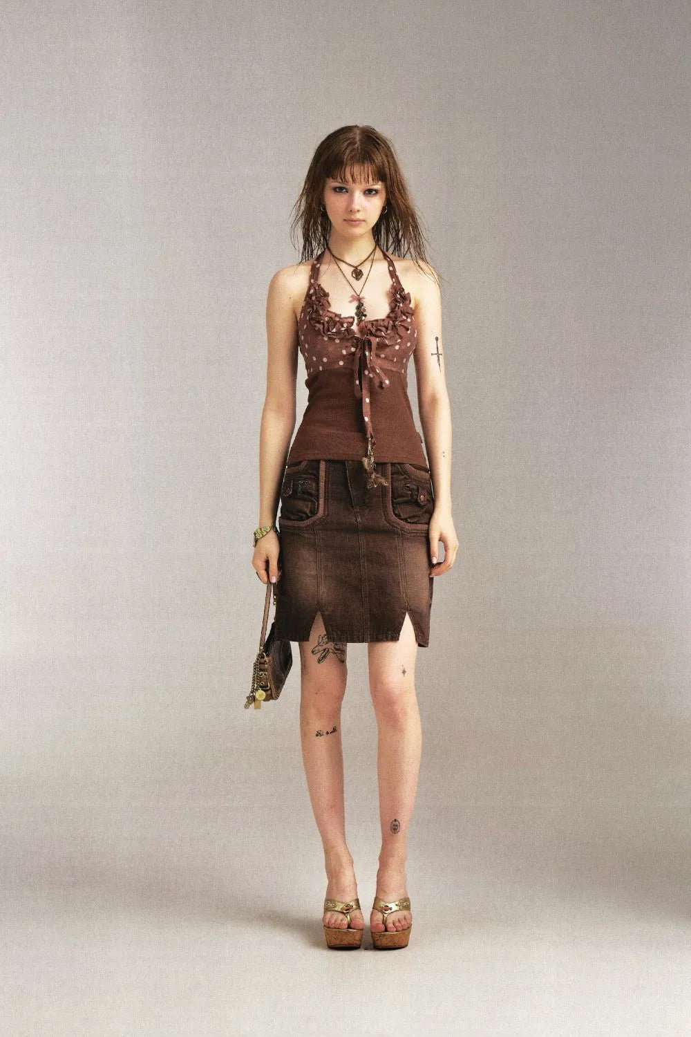 Brown Denim Pencil Skirt with Front Pockets and Slit