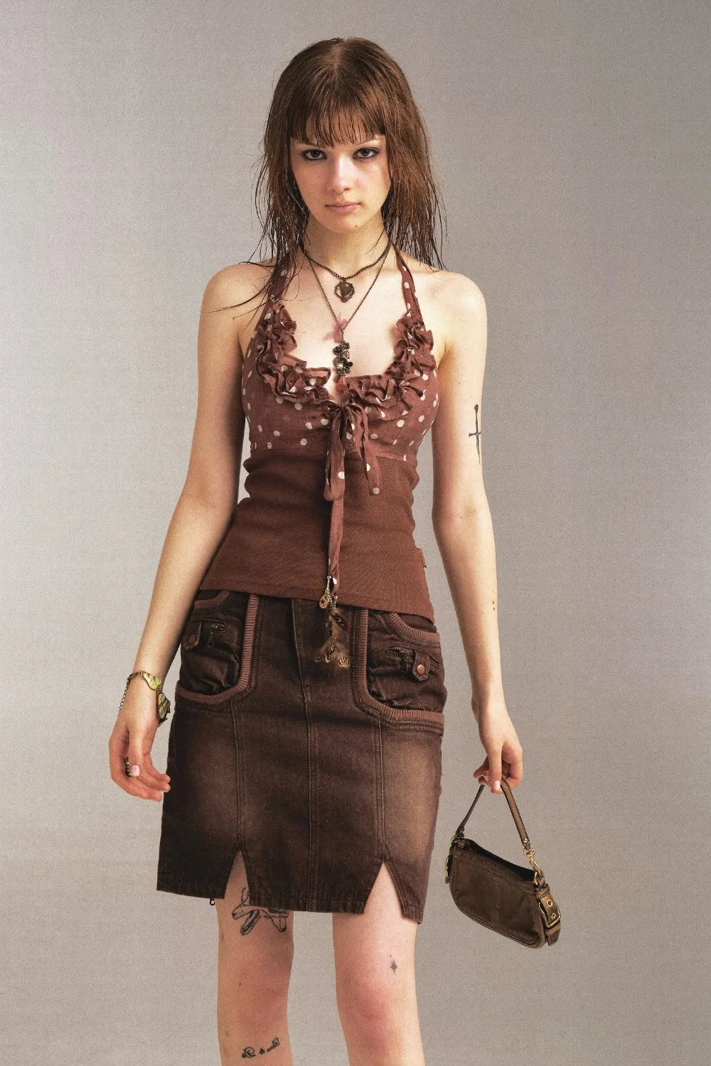 Brown Denim Pencil Skirt with Front Pockets and Slit