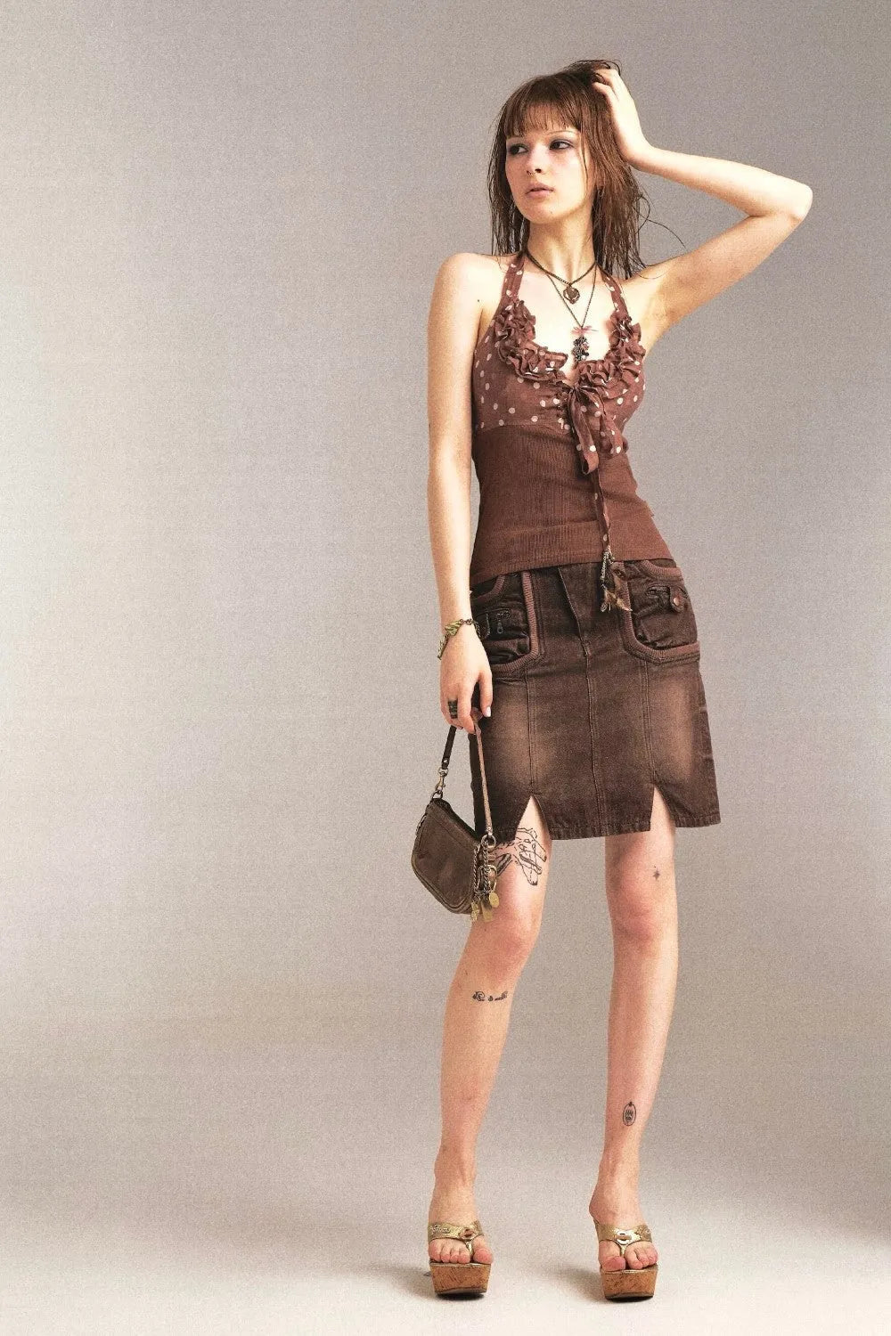 Brown Denim Pencil Skirt with Front Pockets and Slit