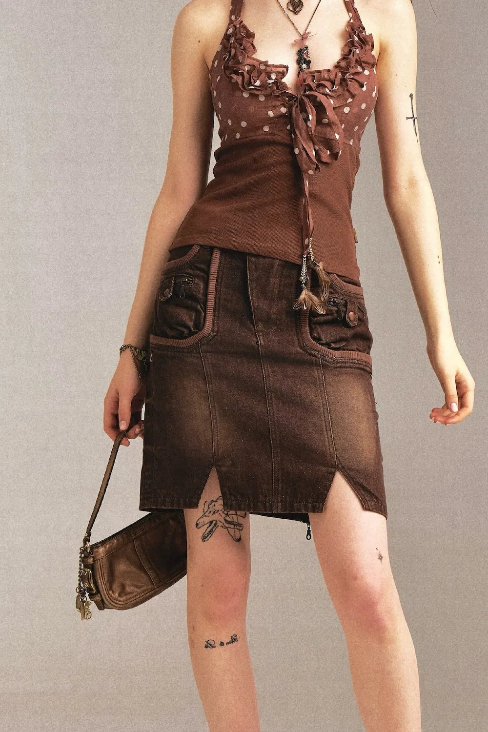 Brown Denim Pencil Skirt with Front Pockets and Slit