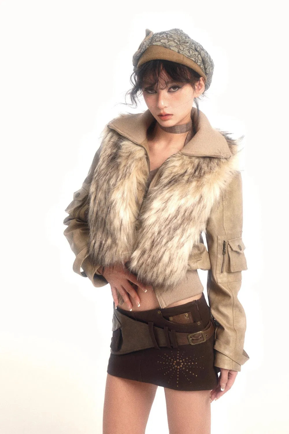 Cropped Jacket with Faux Fur Collar