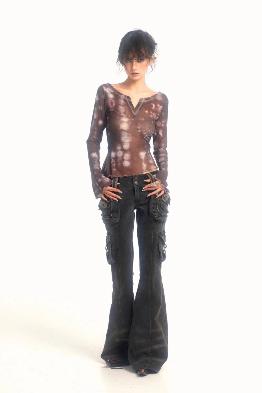 Retro Cargo Flare Denim Pants