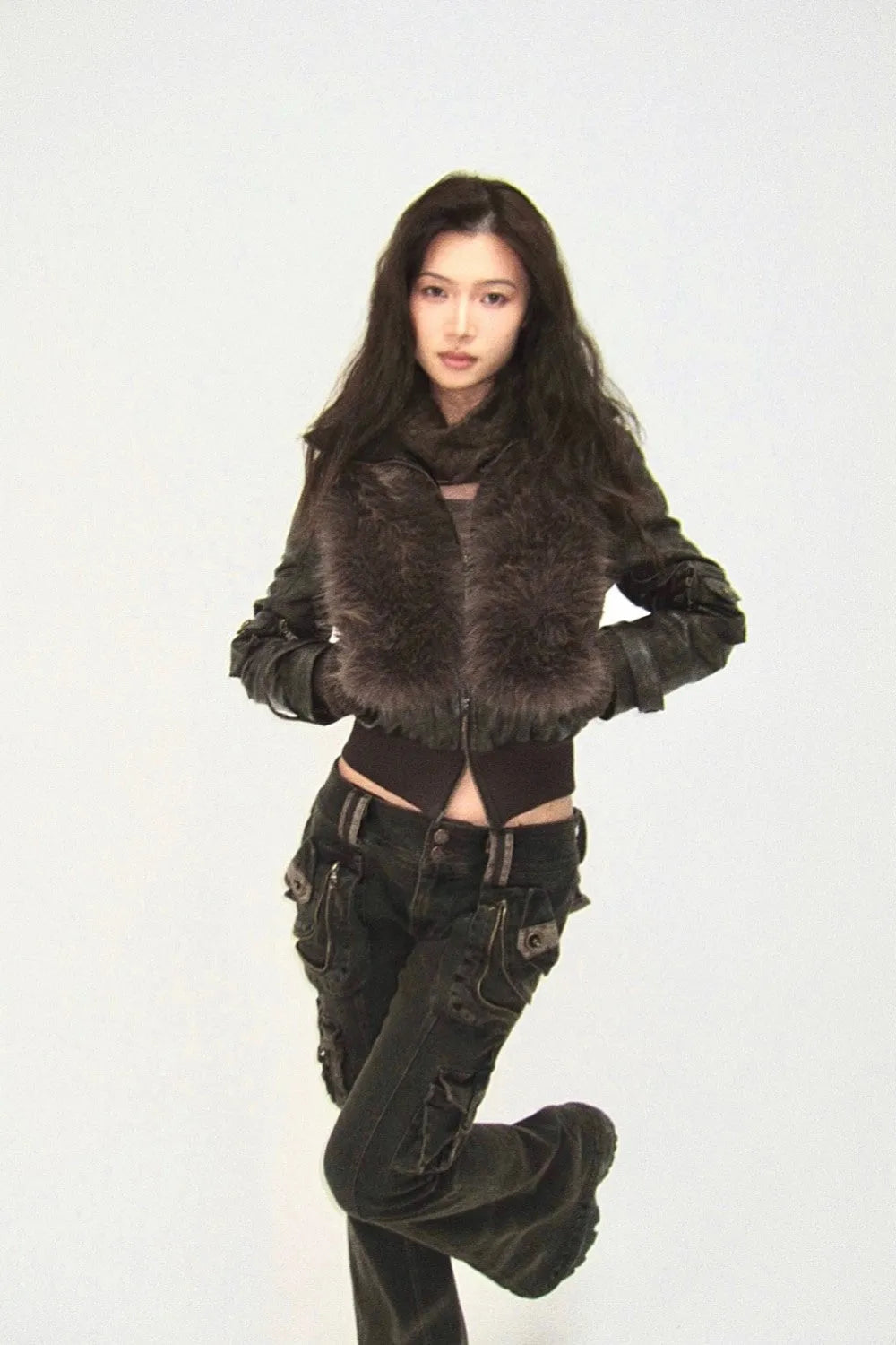 Brown Leather Detachable Fur Bomber Jacket