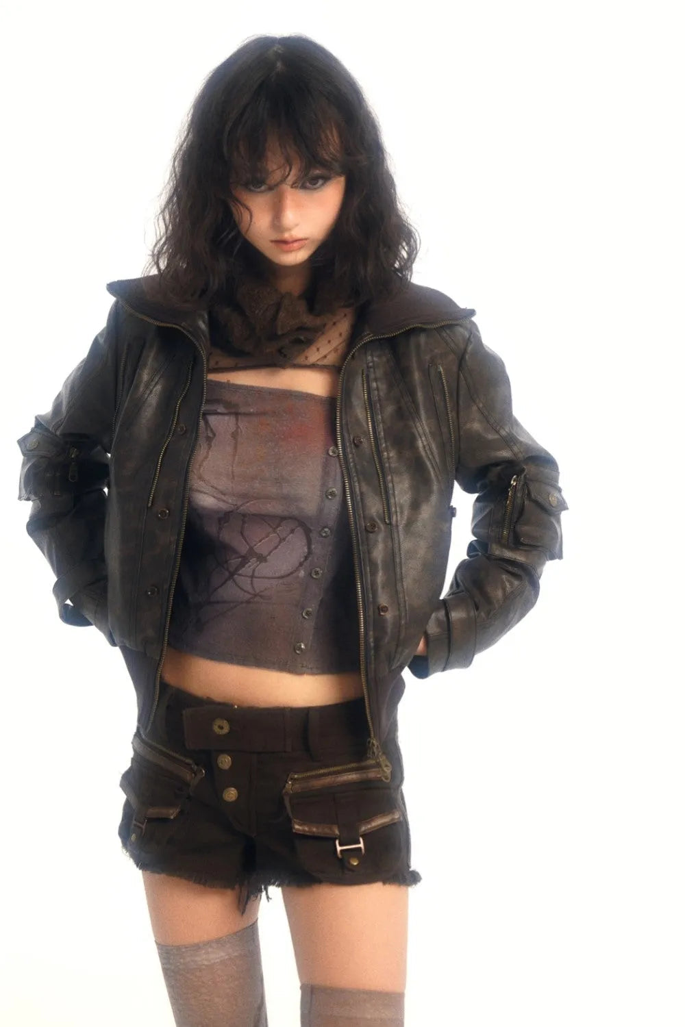 Brown Leather Detachable Fur Bomber Jacket