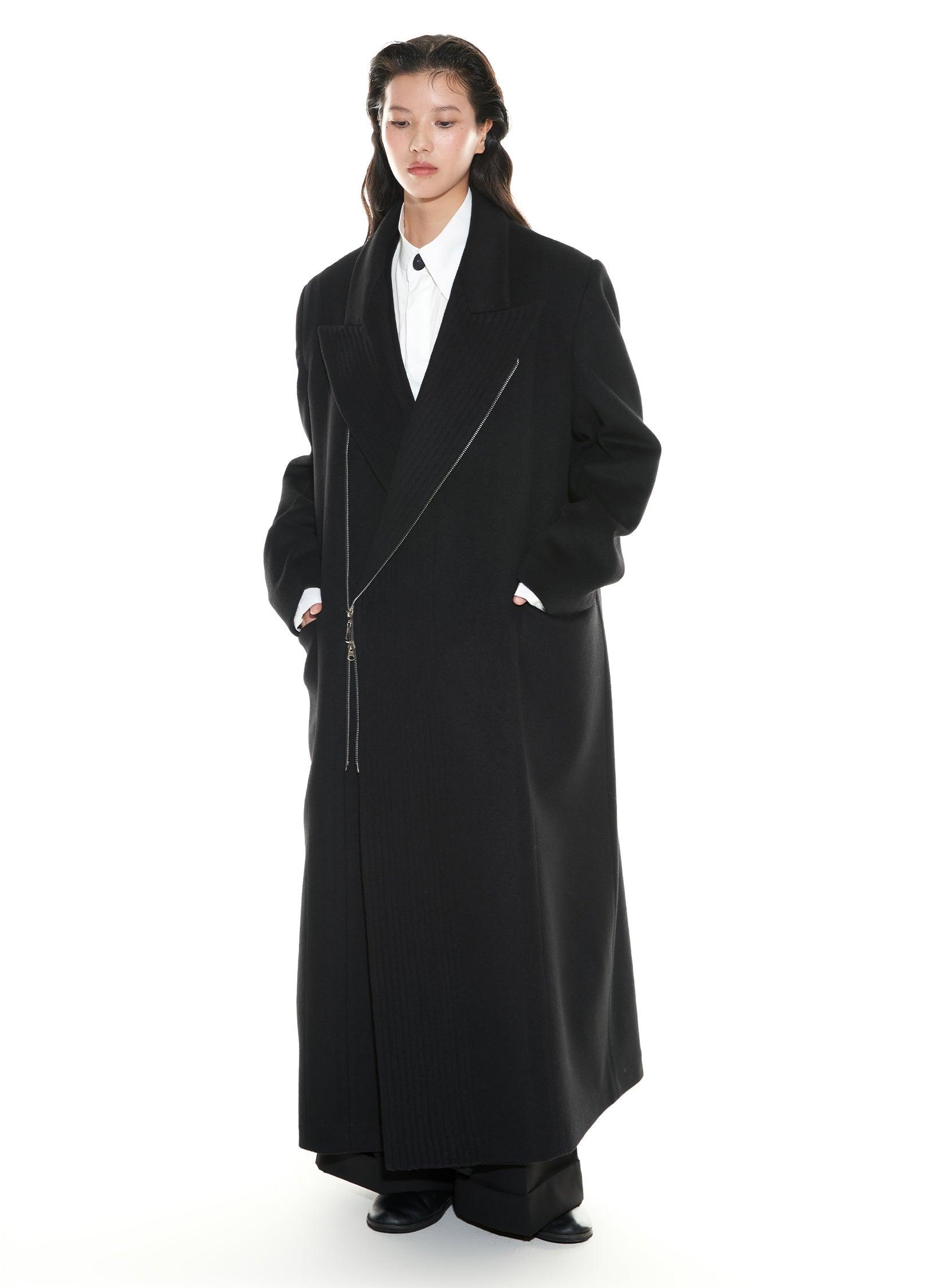 Chic Double-Breasted Wool Blend Overcoat with Metal Zipper - chiclara