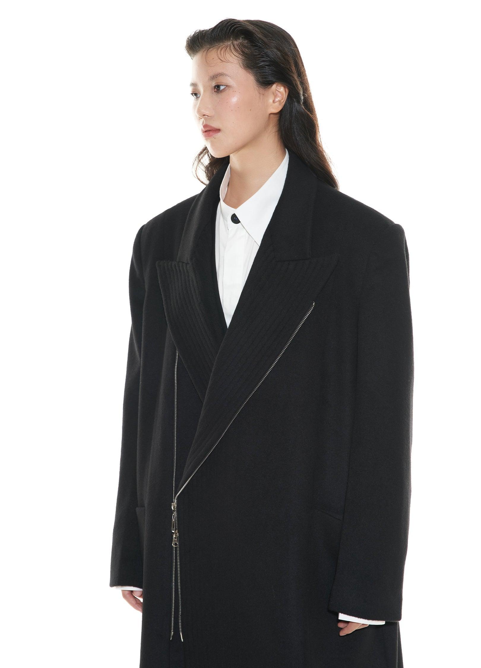 Chic Double-Breasted Wool Blend Overcoat with Metal Zipper - chiclara