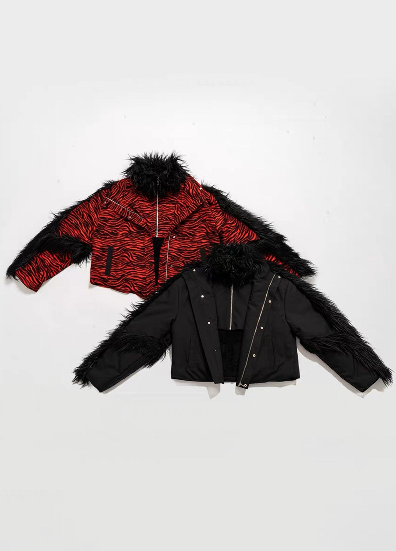 Retro Zebra Print Faux Fur Lined Puffer Jacket - chiclara
