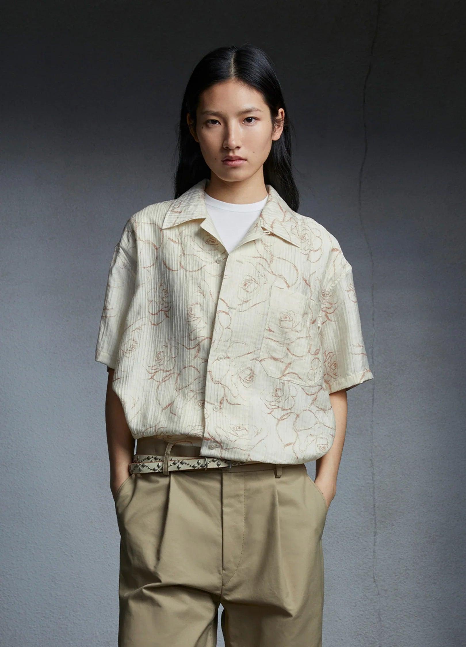 Apricot Floral Cuban Collar Shirt - chiclara