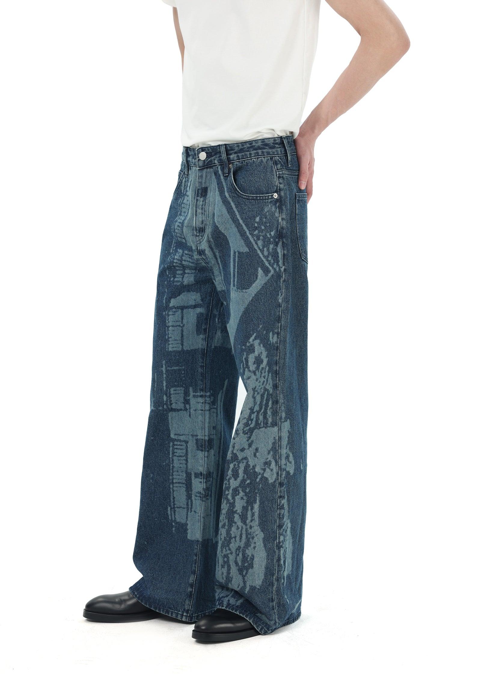 Architectural Print Flared Denim Jeans - chiclara