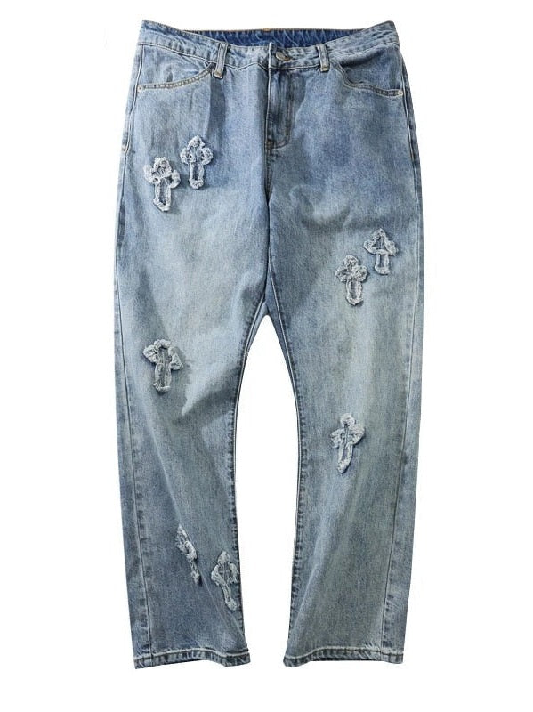 Jeans de patch à champignon bleu clair