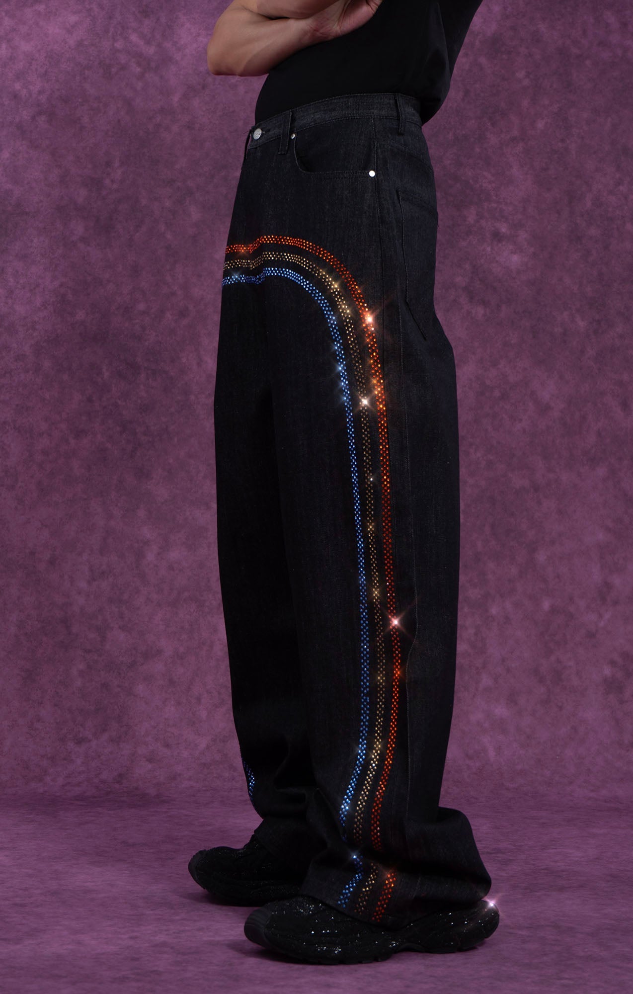 Black Rhinestone Embellished Wide-Leg Jeans