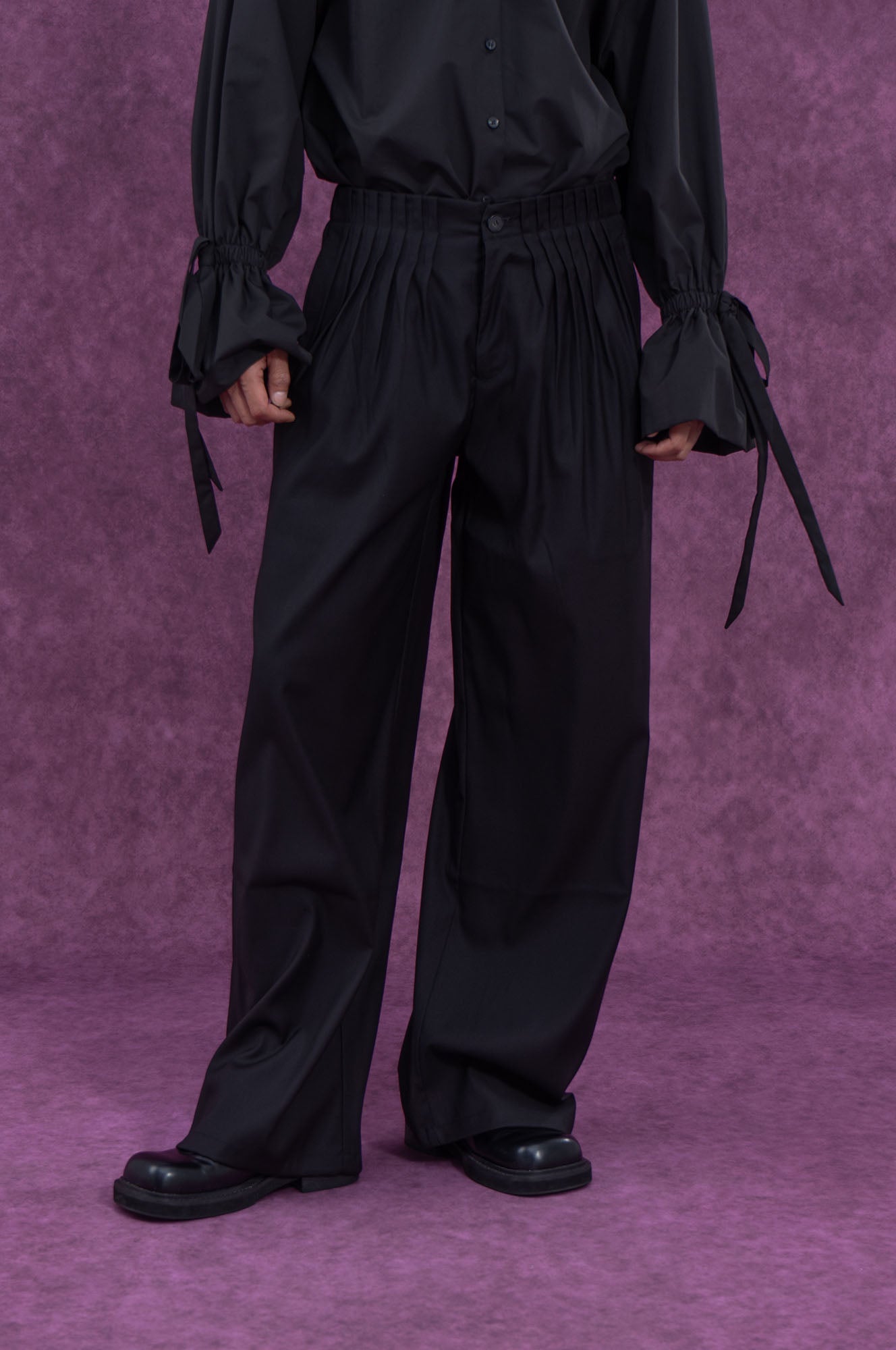 Pleated Waist Black Wide-Leg Trousers