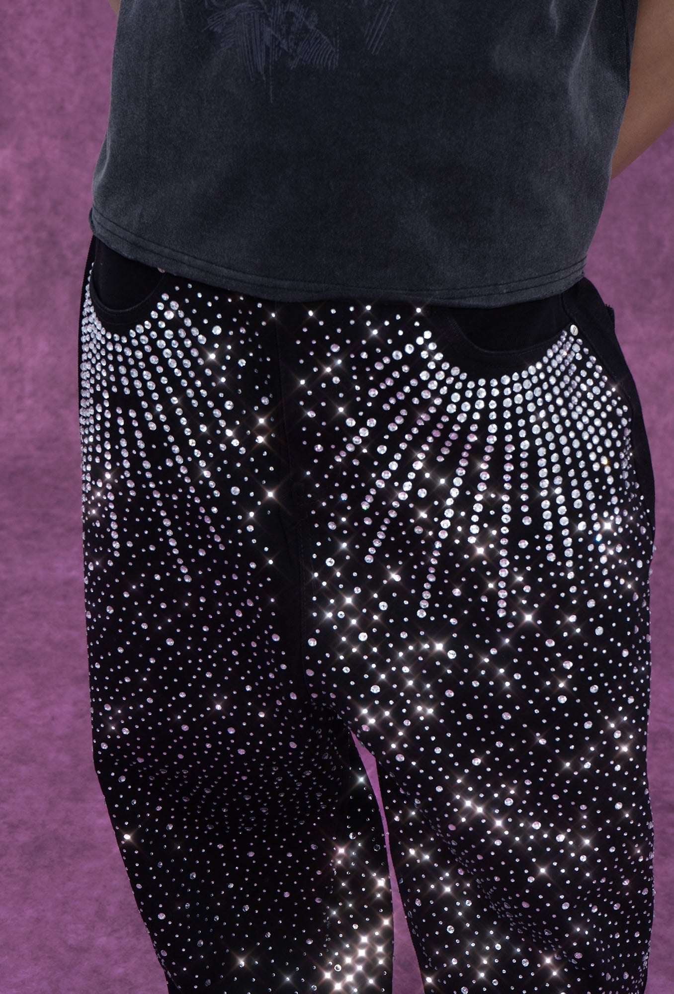 Black Rhinestone Embellished Jeans with Starburst Pattern