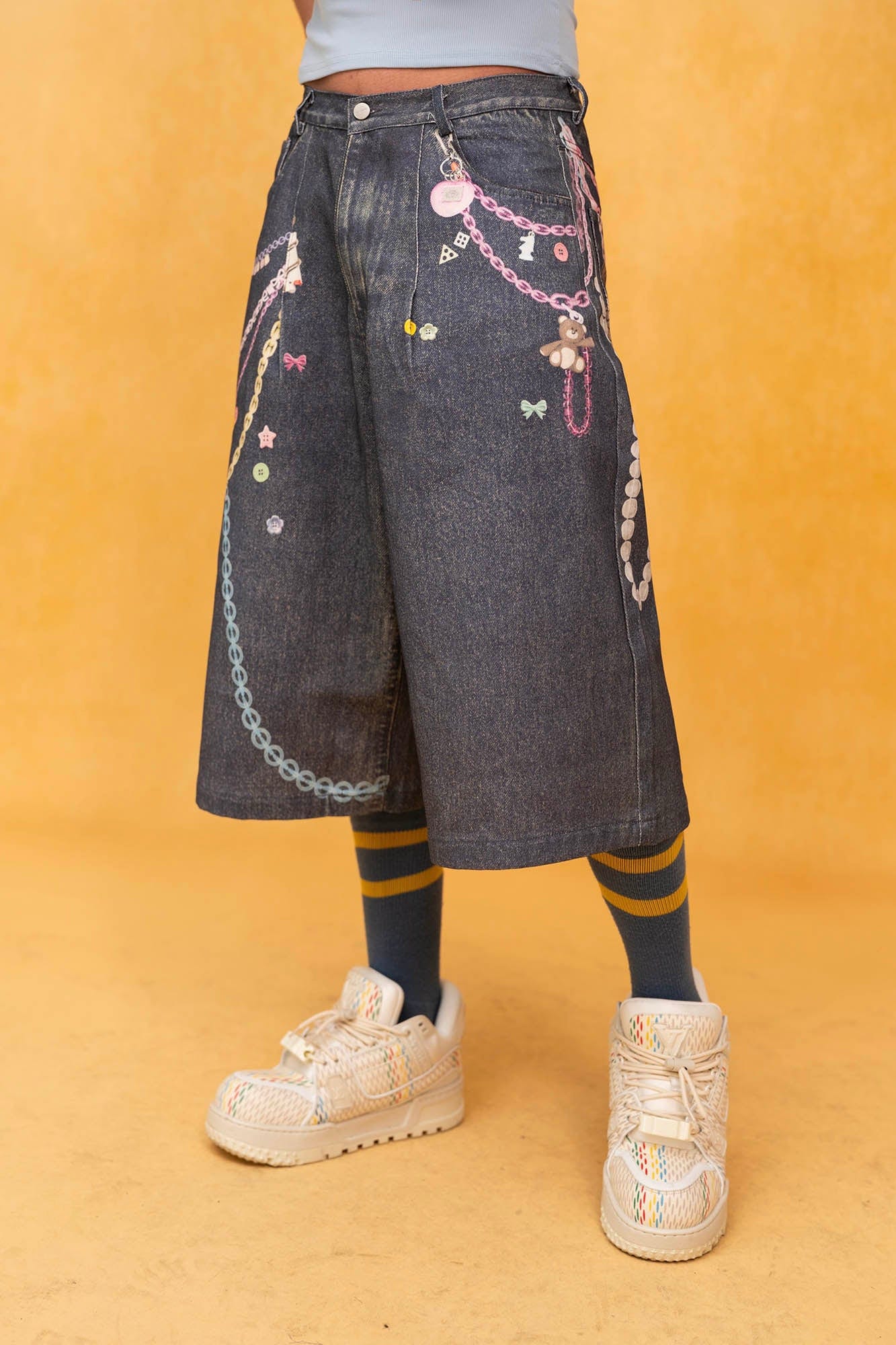 Pastel Charm Chain Denim Shorts