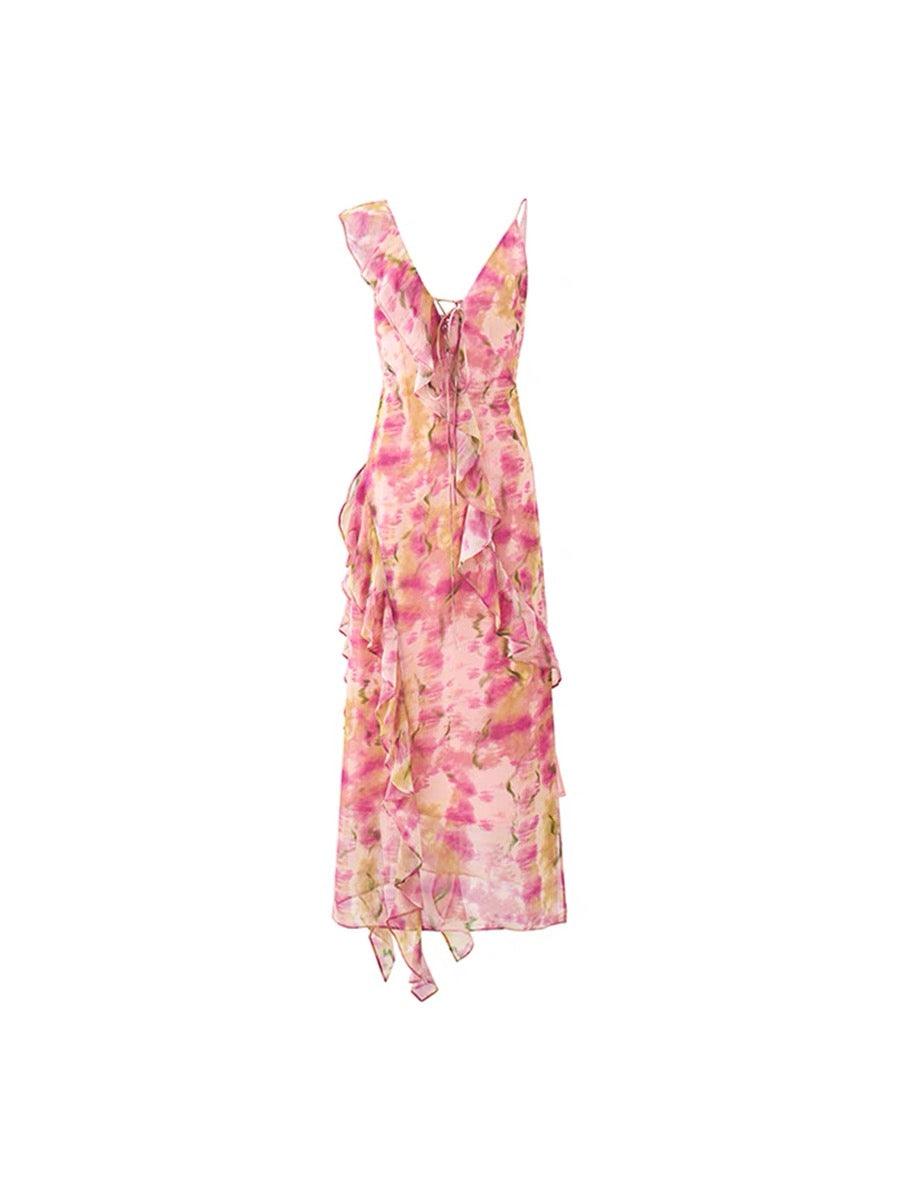 French Style Asymmetric Ruffle Floral Printed Long Dress