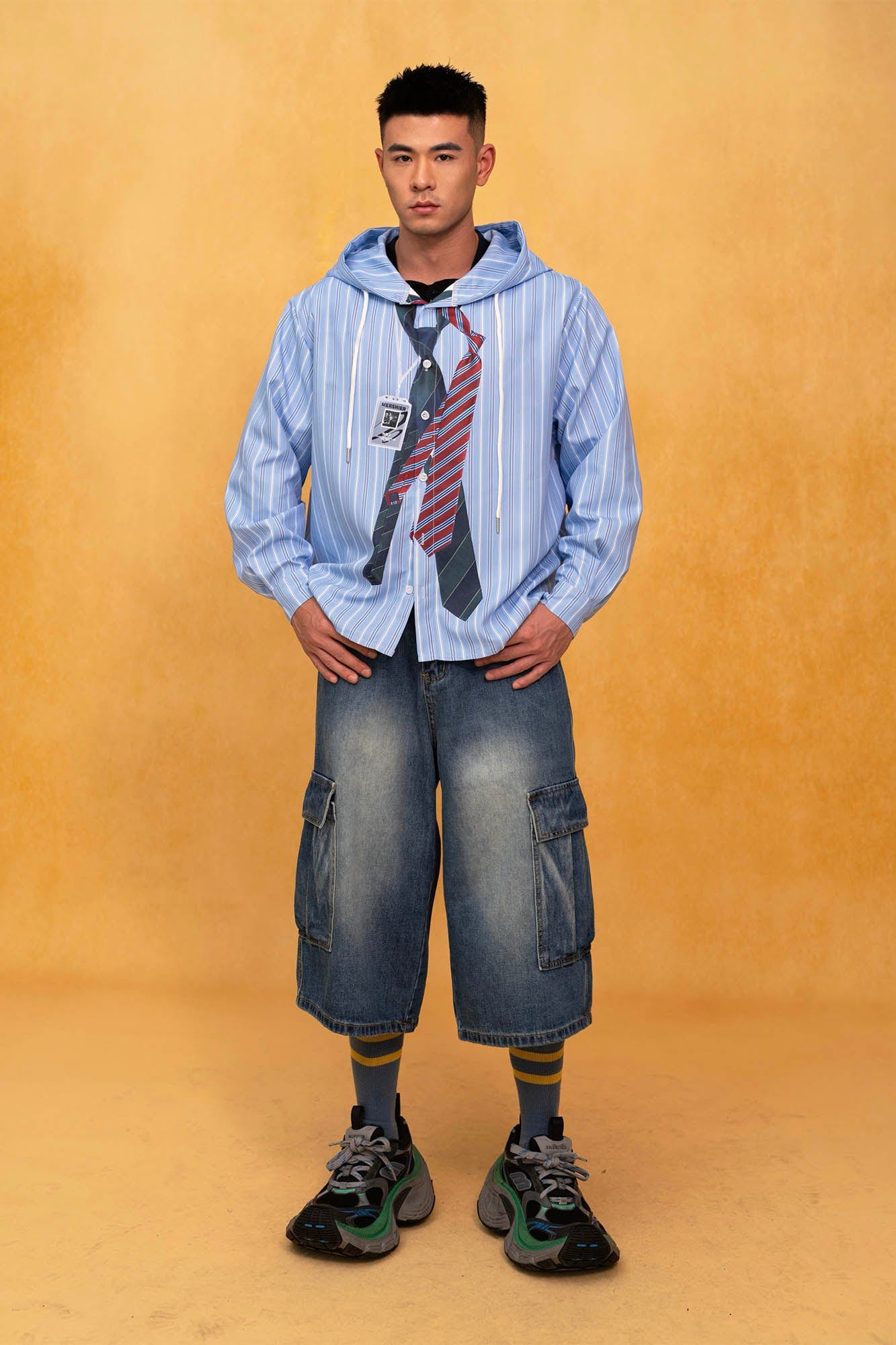 Striped Hoodie Shirt with Tie Print