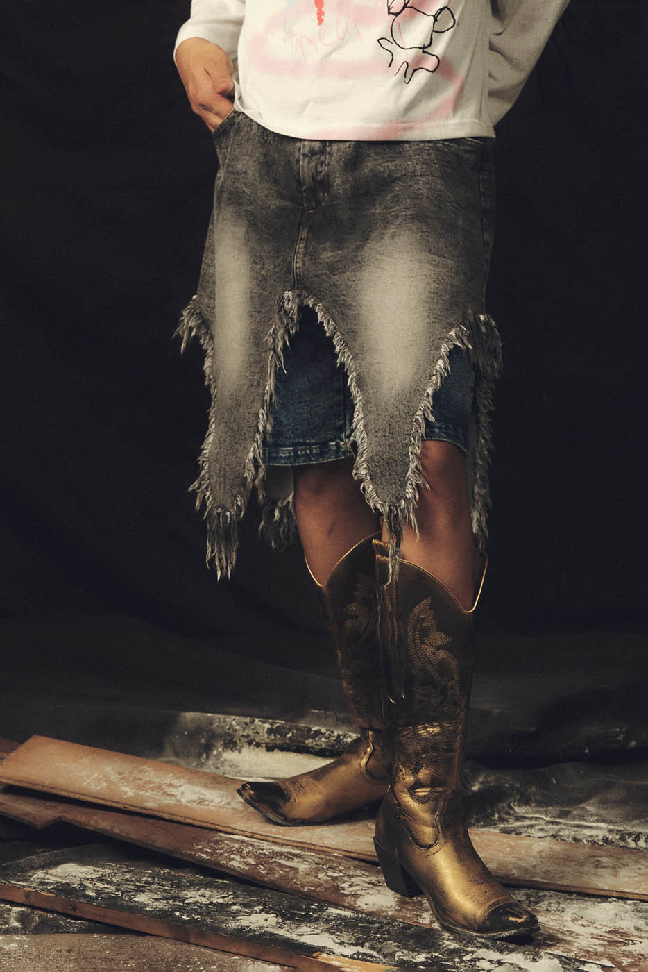 Double Denim Chaps with Distressed Fringe Detail