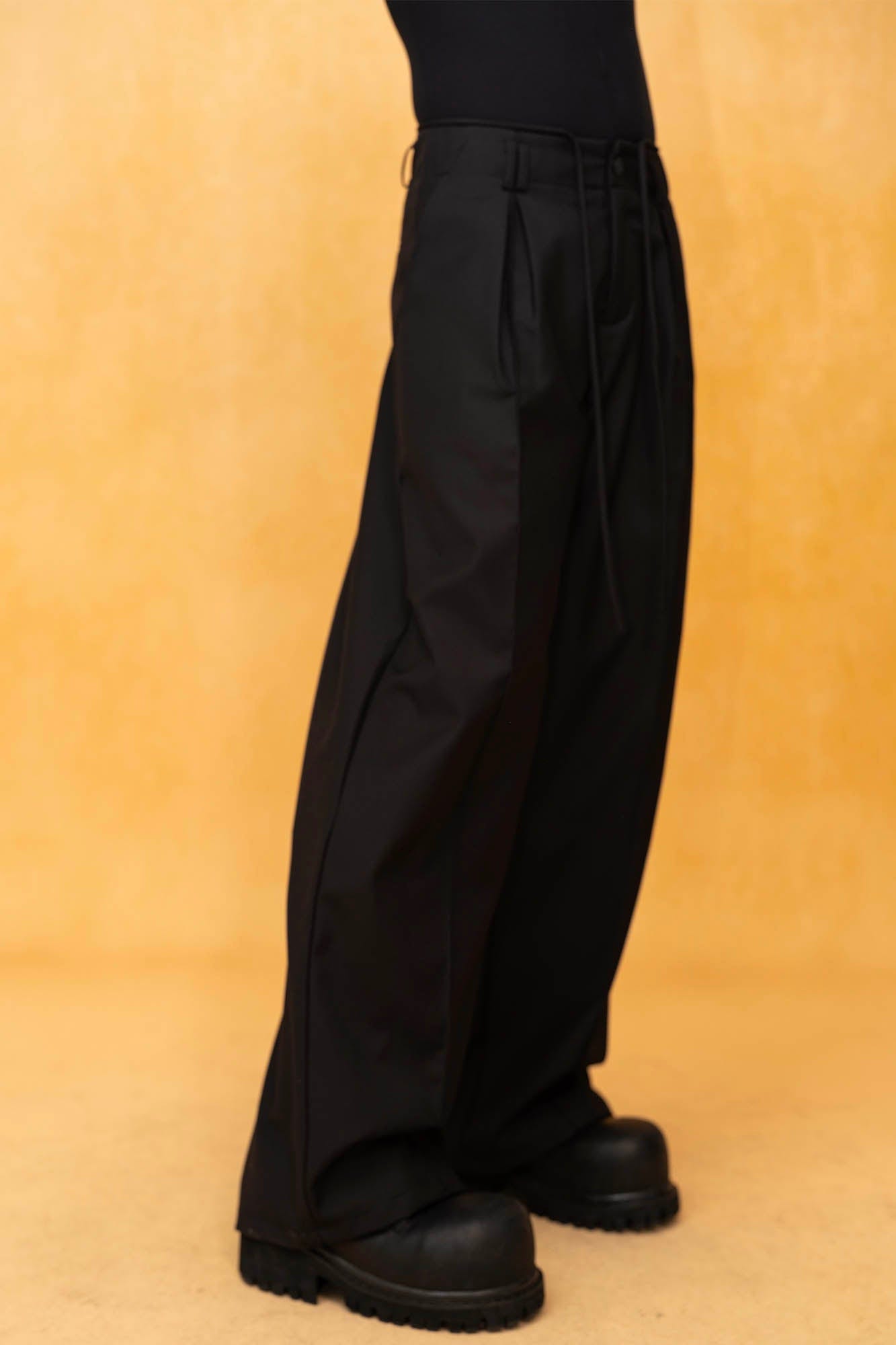 Wide-Leg Black Trousers with Drawstring Waist