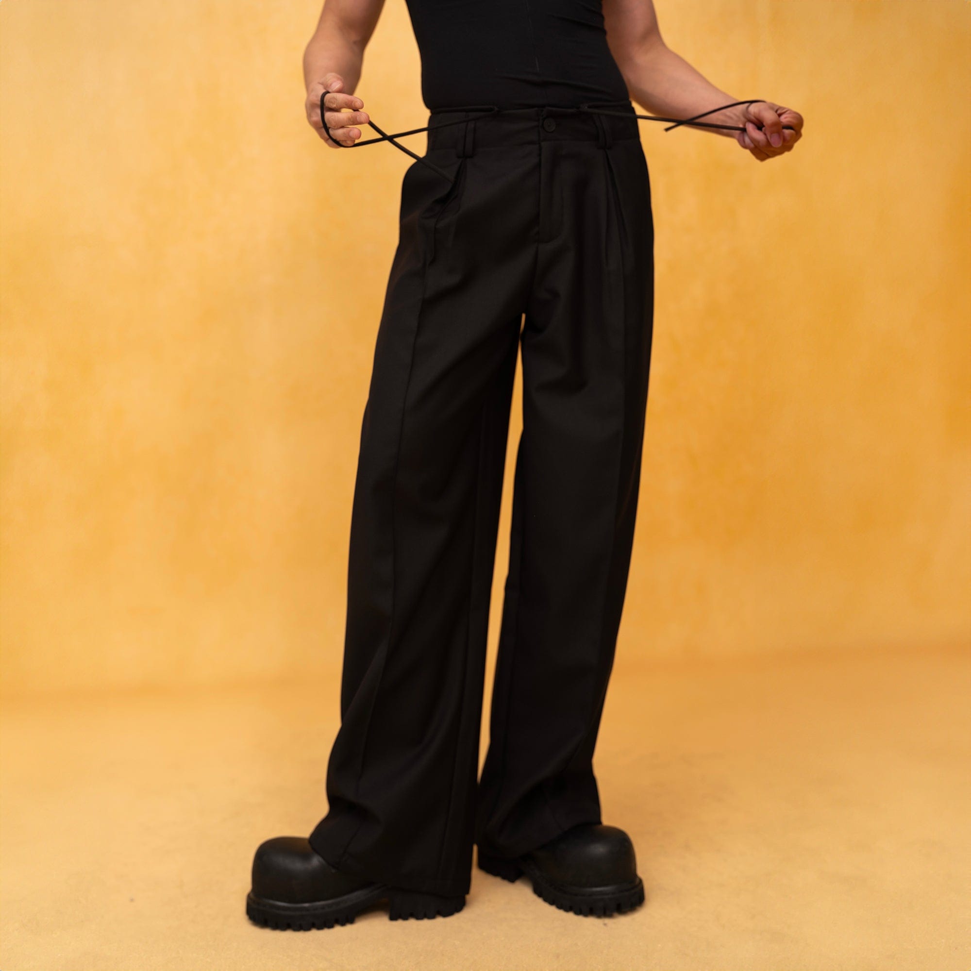 Wide-Leg Black Trousers with Drawstring Waist
