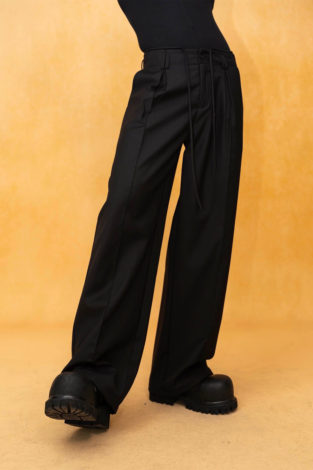 Wide-Leg Black Trousers with Drawstring Waist