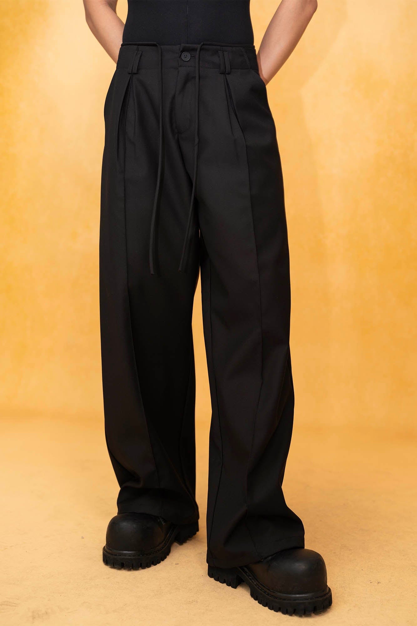 Wide-Leg Black Trousers with Drawstring Waist