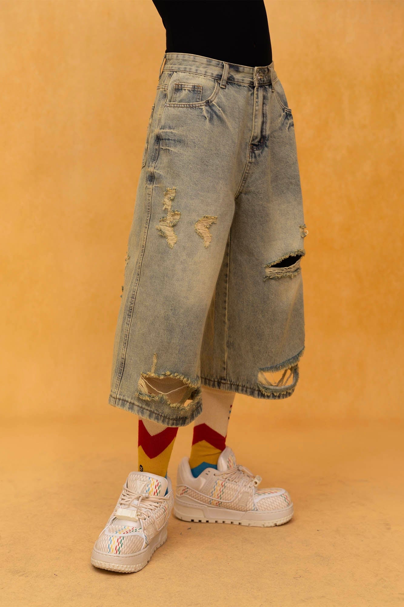 Distressed Wide-Leg Knee-Length Denim Shorts