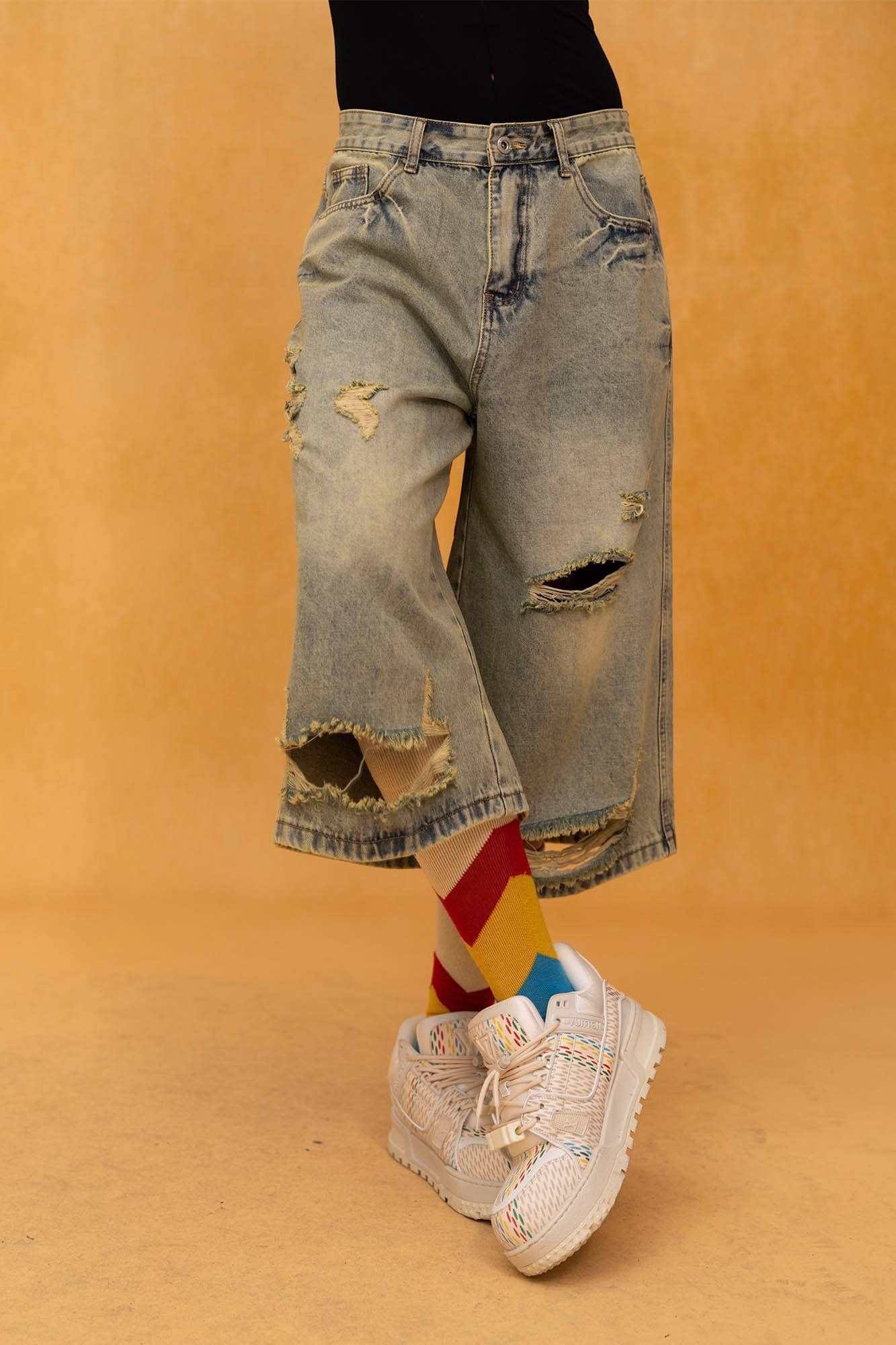 Distressed Wide-Leg Knee-Length Denim Shorts