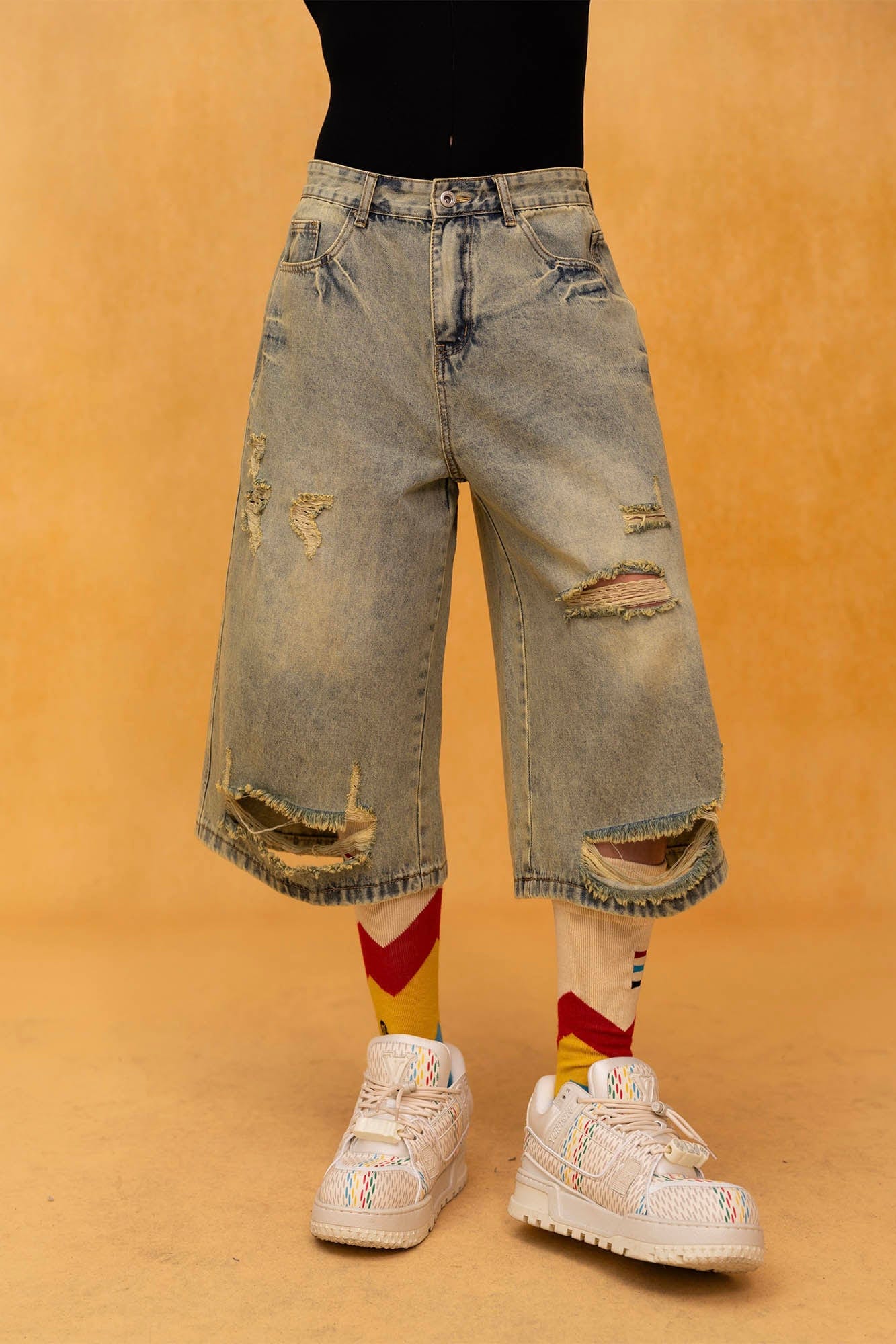 Distressed Wide-Leg Knee-Length Denim Shorts