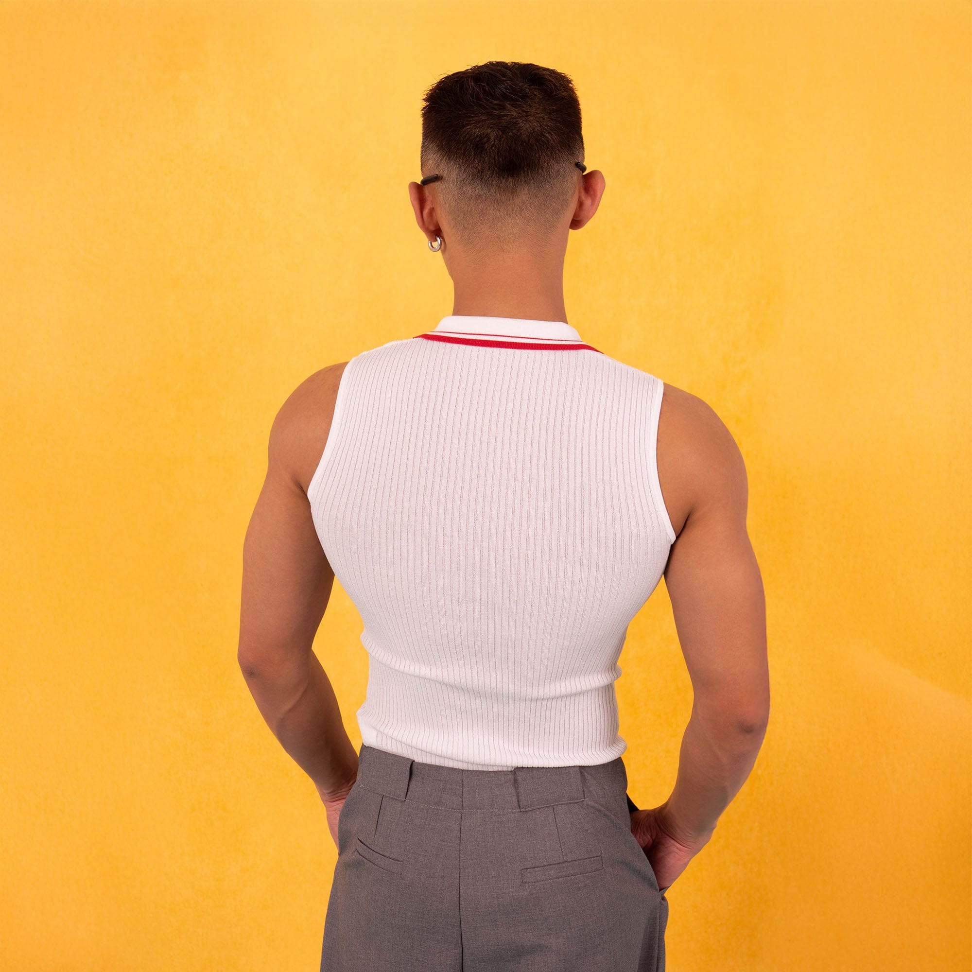 Ribbed Sleeveless Polo Shirt with Red Trim