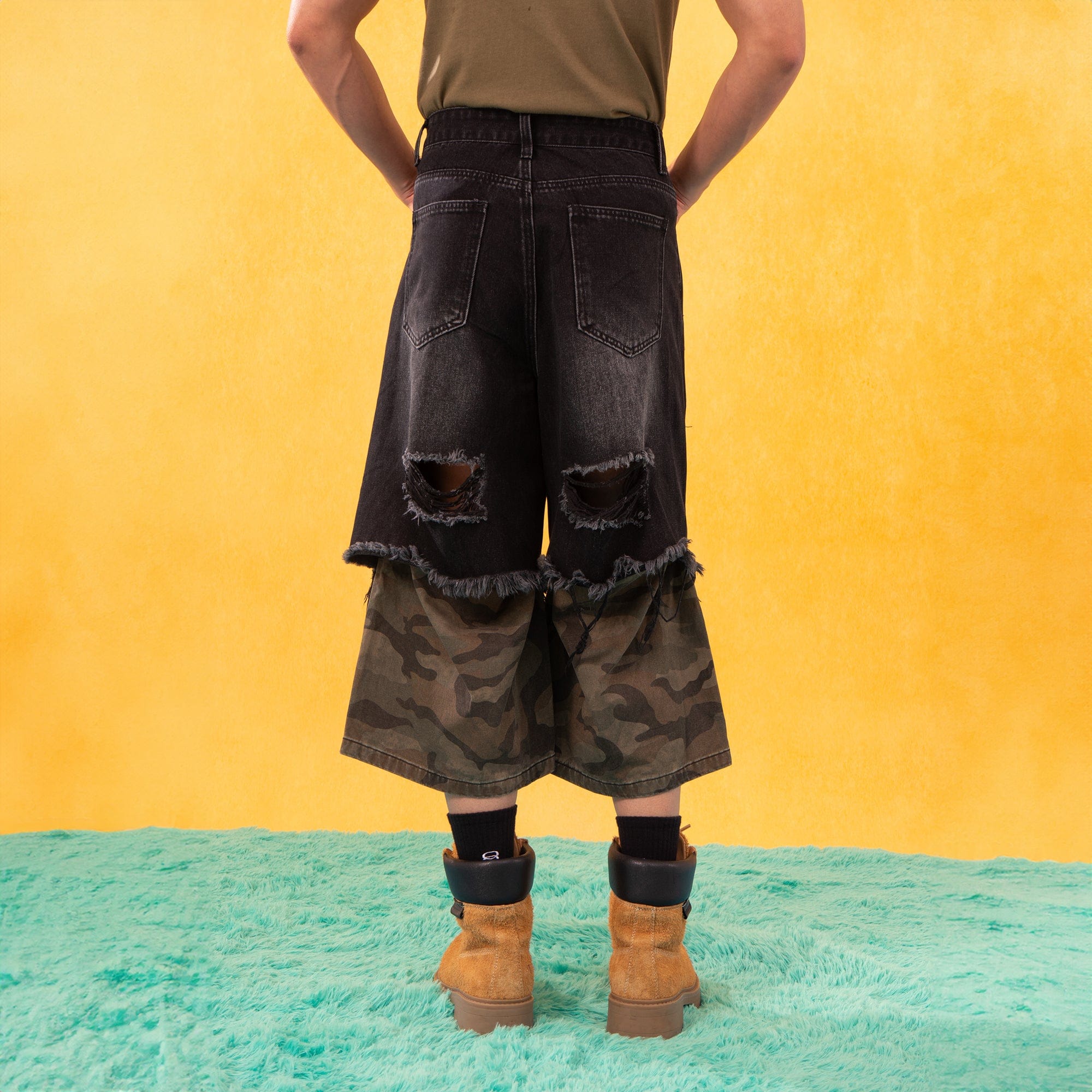 Camo Patchwork Distressed Denim Shorts