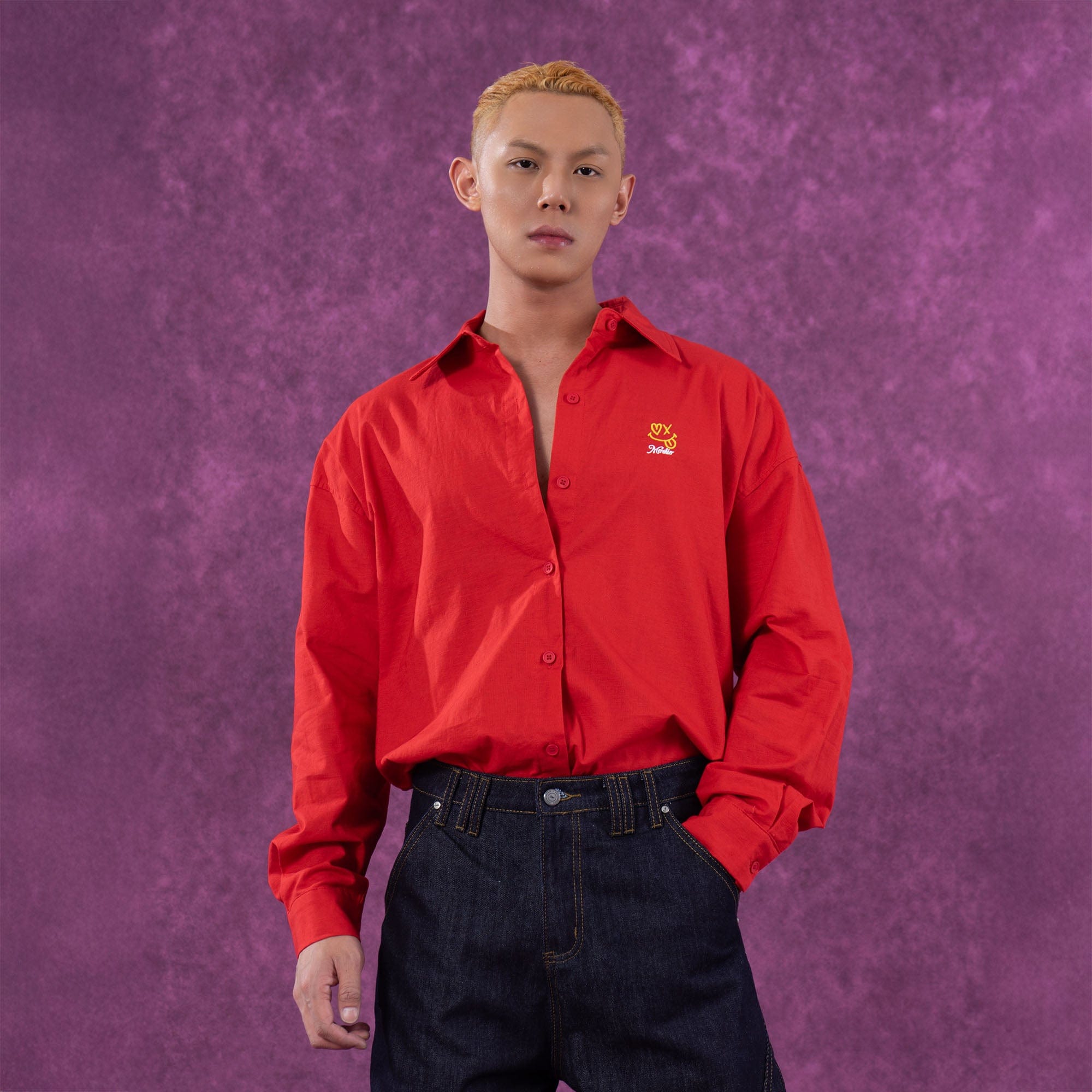 Red Embroidered Logo Button-Up Shirt