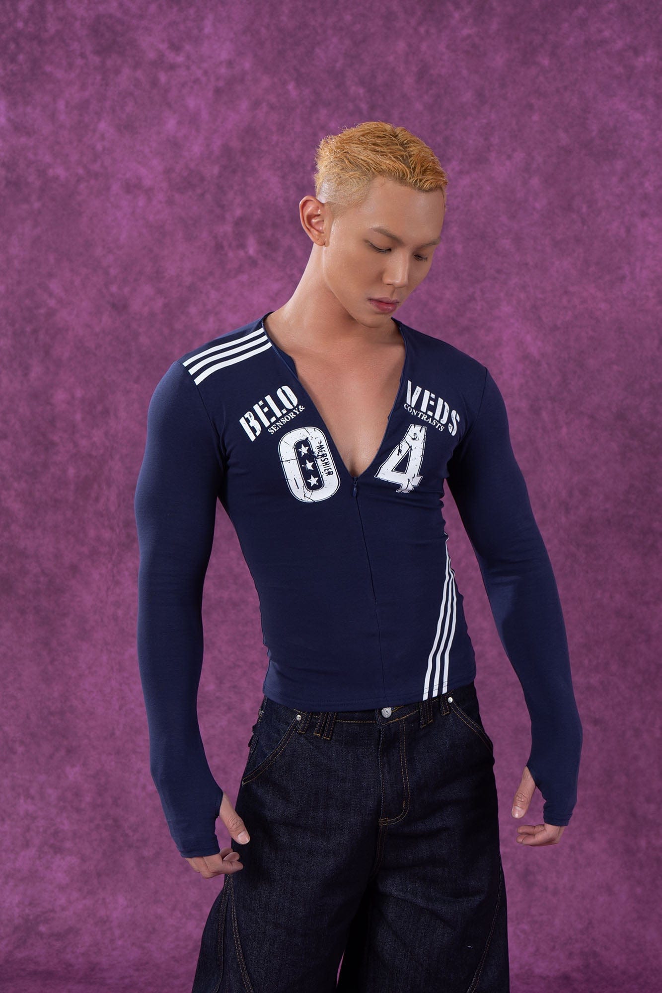 Navy Varsity Zip Up Top