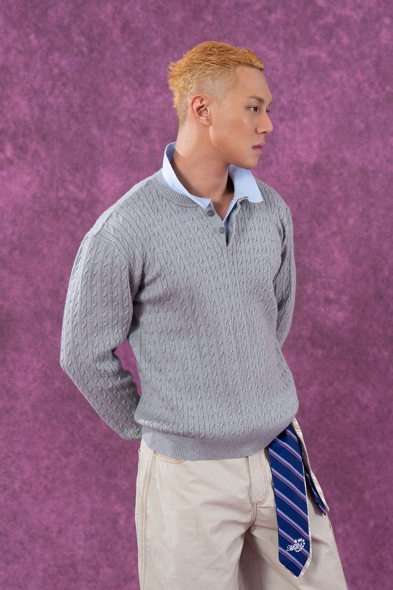 Preppy Cable Knit Polo Sweater