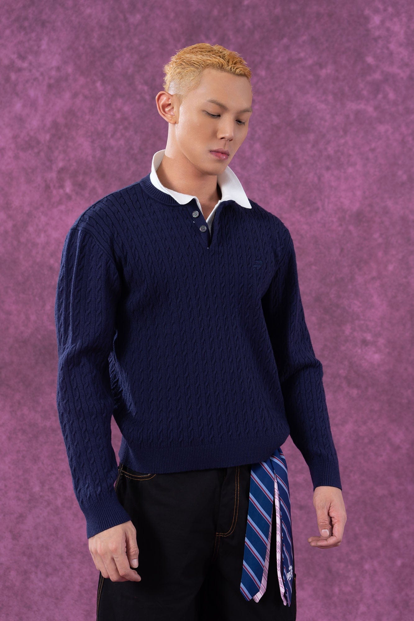 Preppy Cable Knit Polo Sweater